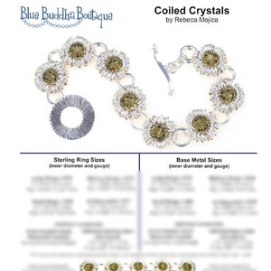 May include: A close-up of a silver coiled crystal bracelet with green and clear crystals. The bracelet is made of sterling silver and base metal. The image also shows a chart with the inner diameter and gauge of the sterling silver and base metal rings.