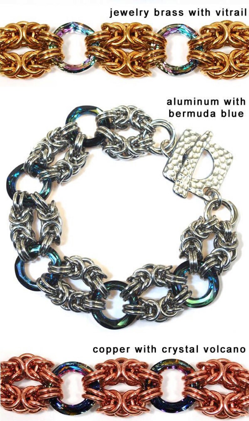 May include: Three chainmail bracelets with different metal finishes and iridescent accents. The top bracelet is gold with a blue and green iridescent accent. The middle bracelet is silver with a blue iridescent accent. The bottom bracelet is copper with a blue and purple iridescent accent.