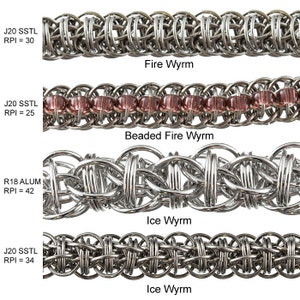 May include: Four close-up images of different types of chainmail jewellery. The first image shows a silver chainmail with the text "J20 SSTL RPI = 30 Fire Wyrm". The second image shows a silver chainmail with maroon beads and the text "J20 SSTL RPI = 25 Beaded Fire Wyrm". The third image shows a silver chainmail with the text "R18 ALUM RPI = 42 Ice Wyrm". The fourth image shows a silver chainmail with the text "J20 SSTL RPI = 34 Ice Wyrm".