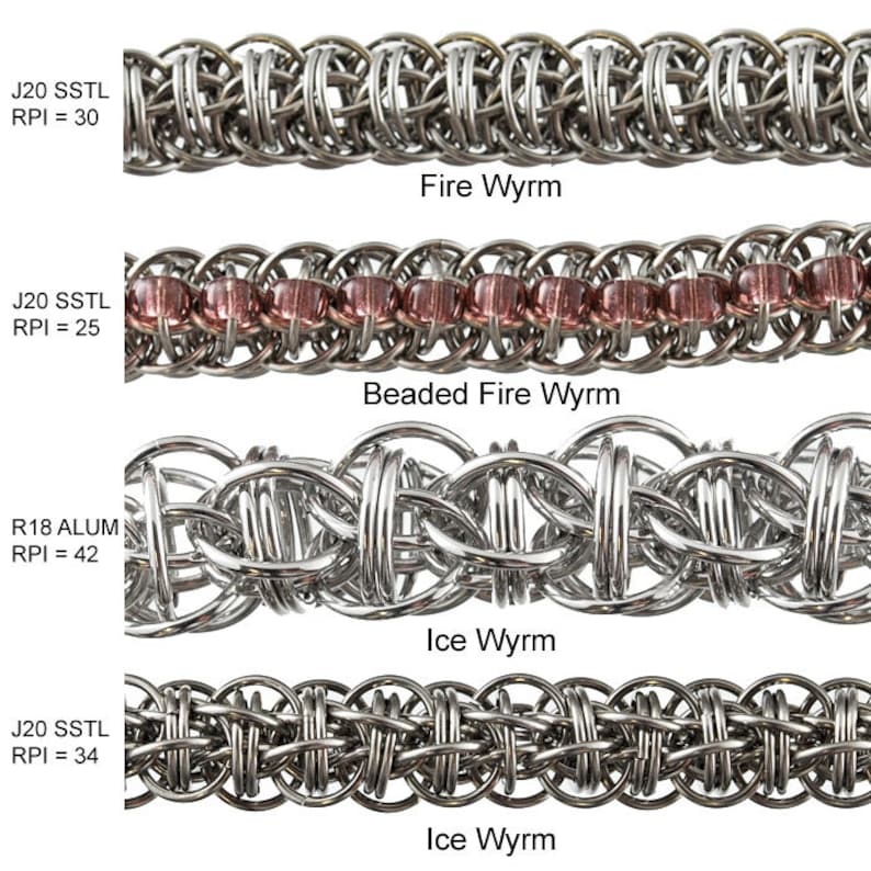 May include: Four close-up images of different types of chainmail jewellery. The first image shows a silver chainmail with the text "J20 SSTL RPI = 30 Fire Wyrm". The second image shows a silver chainmail with maroon beads and the text "J20 SSTL RPI = 25 Beaded Fire Wyrm". The third image shows a silver chainmail with the text "R18 ALUM RPI = 42 Ice Wyrm". The fourth image shows a silver chainmail with the text "J20 SSTL RPI = 34 Ice Wyrm".