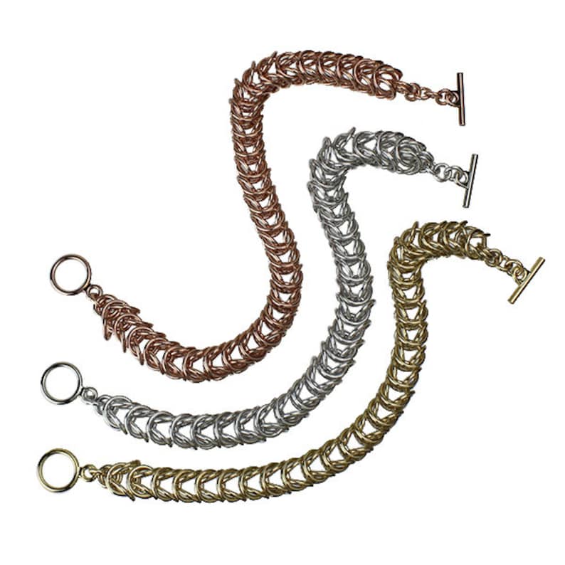 May include: Three chain bracelets in different colors: gold, silver, and rose gold. Each bracelet has a unique design with interlocking links.
