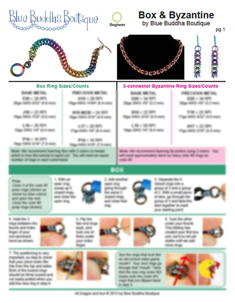 May include: A colorful rainbow box chain bracelet and a copper Byzantine chain necklace with matching earrings. The image includes instructions for making both chains, titled "Box & Byzantine" by Blue Buddha Boutique.