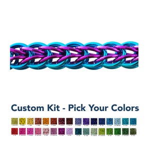 May include: A close-up of a custom chainmail kit with a variety of colour options. The chainmail is made of metal rings and is available in a variety of colours, including blue, purple, gold, red, green, and more.