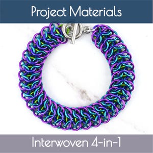 May include: Interwoven 4-in-1 bracelet made with purple, green, and blue metal chainmail. The bracelet has a silver toggle clasp.