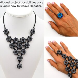 May include: A grey and black necklace and a grey and black bracelet made of woven flower-shaped beads. The necklace is a teardrop shape and the bracelet is a finger ring with a long chain extending to the wrist.