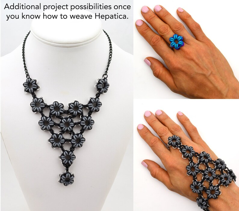 May include: A grey and black necklace and a grey and black bracelet made of woven flower-shaped beads. The necklace is a teardrop shape and the bracelet is a finger ring with a long chain extending to the wrist.