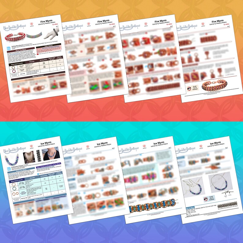 May include: Six printable PDF patterns for beaded jewellery projects. The patterns are for a Fire Wyrm and Ice Wyrm bracelet, necklace, and earrings. The patterns are in colour and include instructions and diagrams.