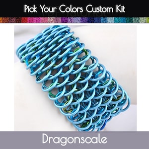 May include: A blue and green dragonskin bracelet made of interlocking metal rings. The bracelet is a custom kit with the text "Pick Your Colors Custom Kit" at the top and "Dragonscale" at the bottom.