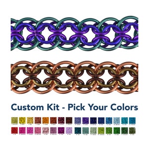 May include: Custom kit for making chainmail jewelry. Choose from a variety of colors for your chainmail project.  The image shows two rows of chainmail, one in teal, purple, and silver, and the other in copper, gold, and brown.  Below the chainmail rows is a color chart with 32 different colors of chainmail.
