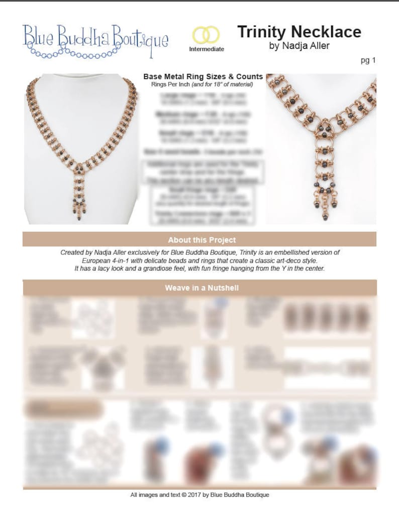 Op de afbeelding: Een gouden en zwarte Trinity-ketting met een Y-vormige hanger en franjes. De ketting is gemaakt van delicate kralen en ringen. De afbeelding bevat de tekst "Trinity Necklace" en "Blue Buddha Boutique".