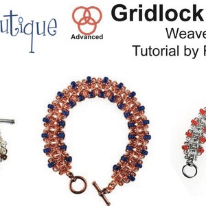 May include: Three bracelets made with the Gridlock Byzantine weave. The bracelets are made with silver, copper, and gold coloured beads. The weave is an advanced technique. The bracelets are from Blue Buddha Boutique.