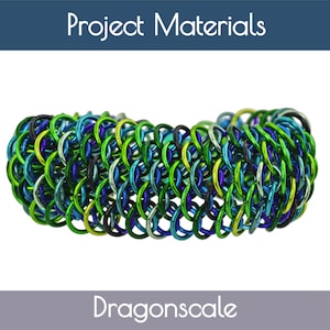 May include: A Dragonscale bracelet made of interlocking metal rings in shades of green, blue, and yellow. The text "Project Materials" is at the top, and "Dragonscale" is at the bottom.