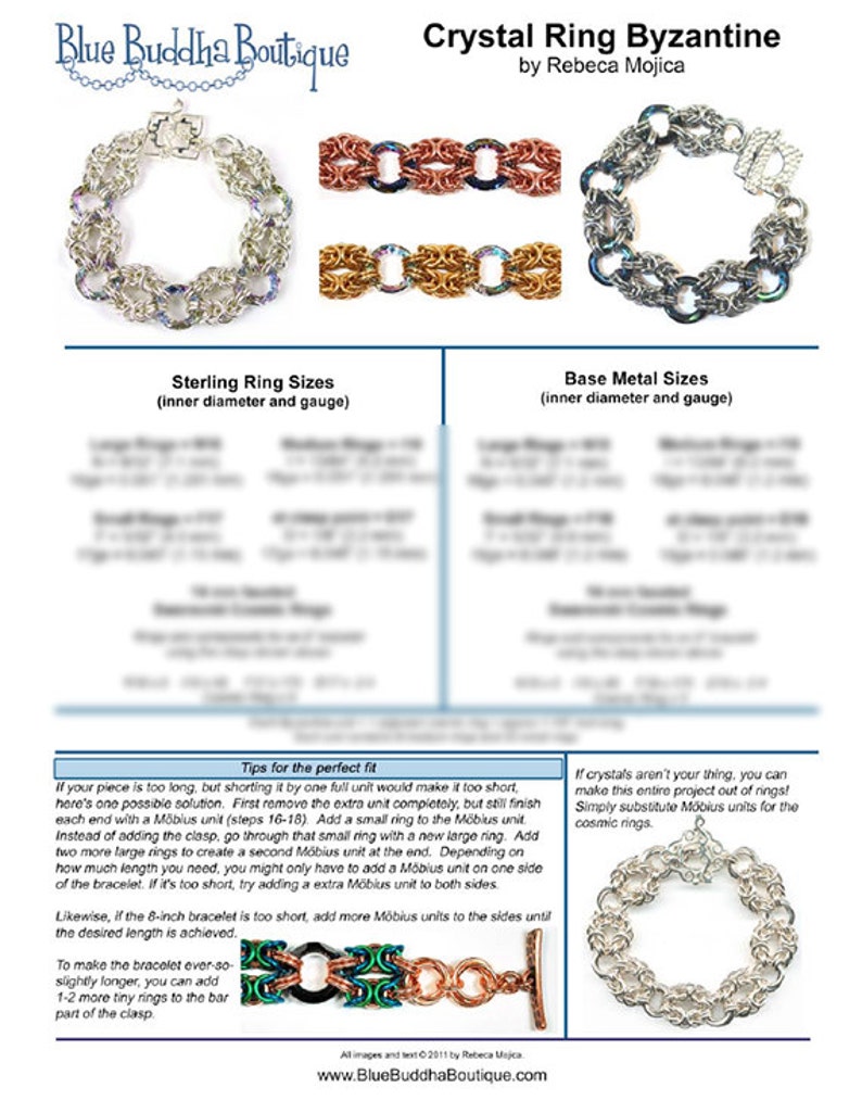 May include: A tutorial for making a crystal ring Byzantine bracelet using a technique called the M&ouml;bius unit. The tutorial includes instructions for adjusting the bracelet length and substituting crystals with rings.