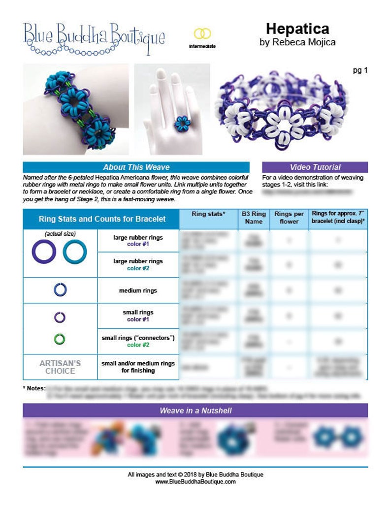 May include: A chart with instructions for making a Hepatica flower bracelet using rubber rings. The chart includes a diagram of the bracelet, a list of materials, and instructions for weaving the bracelet. The chart also includes a section on ring stats and counts for the bracelet.