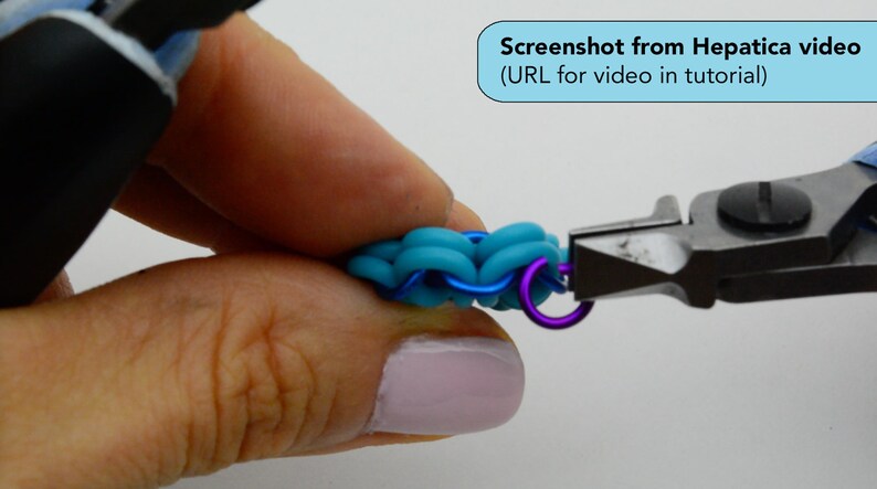 May include: Close-up of a hand holding a turquoise and blue rubber band bracelet being closed with pliers. The bracelet is being closed with a purple jump ring.