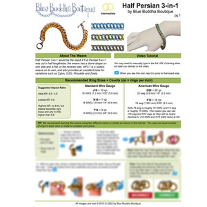 May include: A diagram showing how to make a Half Persian 3-in-1 chainmail weave using different wire gauges. The diagram includes a table with recommended wire gauges and aspect ratios for the weave. The image also includes a video tutorial icon.
