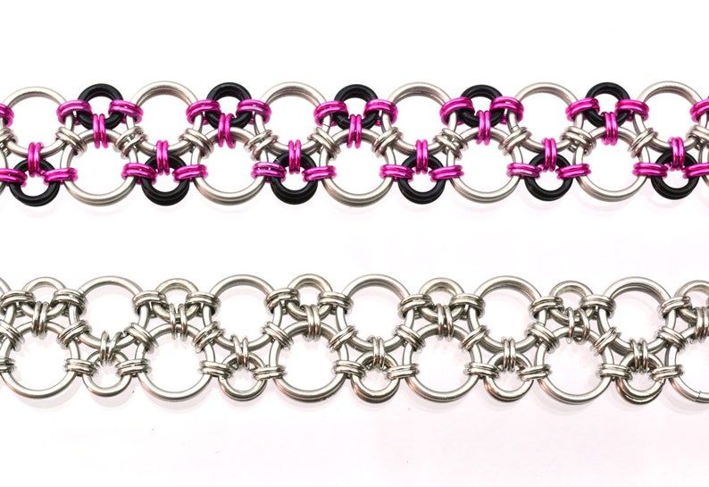 May include: Two chainmail bracelets, one with black and pink rings, the other with silver rings.