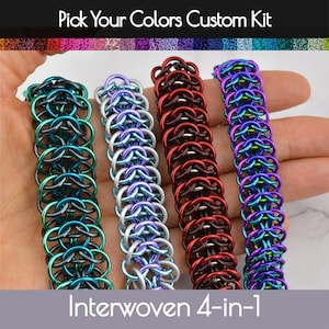 May include: Four different chainmail bracelets in teal, silver, red, and purple. The bracelets are interlocked and are labeled "Interwoven 4-in-1".