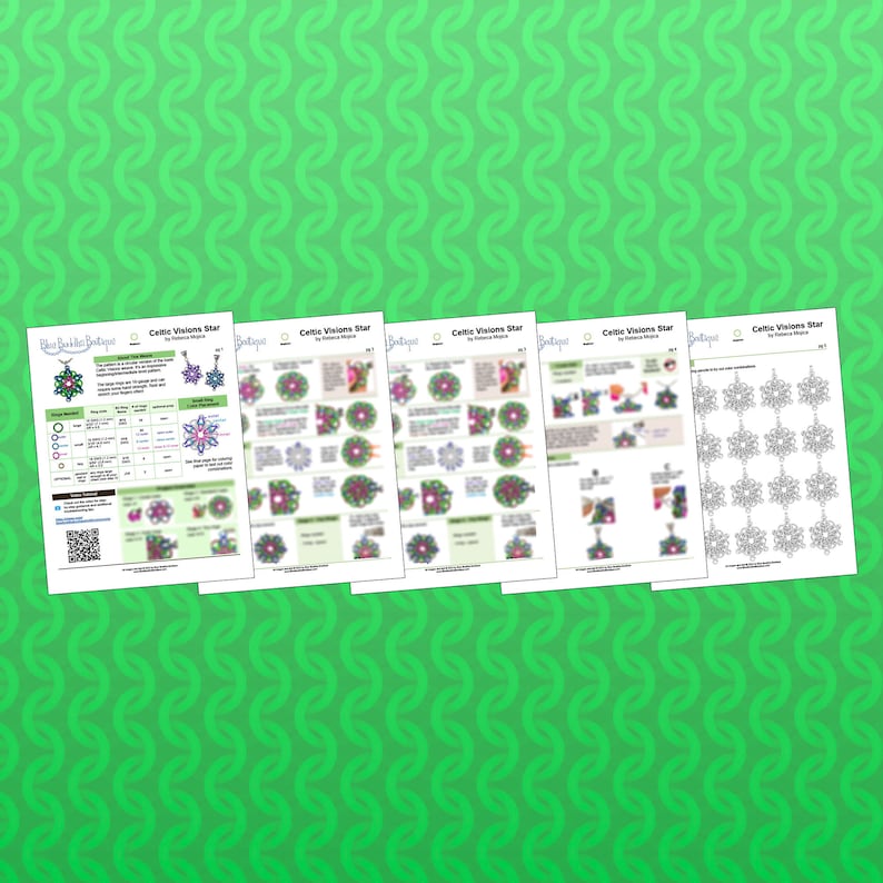 Pode incluir: Cinco p&aacute;ginas imprim&iacute;veis de instru&ccedil;&otilde;es para fazer um projeto de mi&ccedil;angas Celtic Visions Star. As p&aacute;ginas incluem uma tabela de cores, um diagrama da estrela acabada e instru&ccedil;&otilde;es passo a passo. A estrela &eacute; feita com mi&ccedil;angas em tons de verde, azul, rosa e branco.