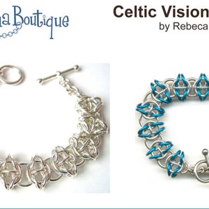 May include: Two Celtic Visions bracelets, one silver and one blue. The bracelets are made of metal and have a Celtic knot design. The bracelets are both about 7 inches long.