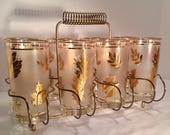 Eight Mid-Century Libbey Frosted Gold Leaf High Ball Glasses with Brass Caddy