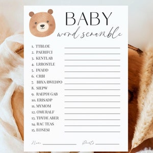 Gioco di parole a scramble per bambini Teddy Bear, gioco di parole a scramble per baby shower, giochi per baby shower stampabili, gioco minimal per baby shower, download diretto