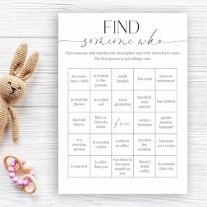 Gioco del bingo per bambini, gioco del bingo per baby shower, giochi per baby shower stampabili, baby shower minimale, trova qualcuno che faccia il baby shower, gioco rompighiaccio