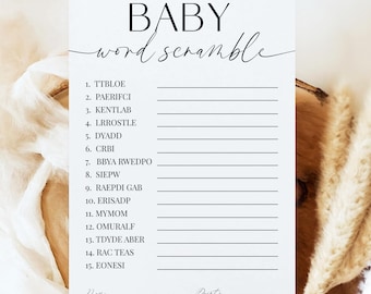 Gra w układanie słów dla niemowląt, gra w układanie słów na baby shower, gry do druku na baby shower, minimalistyczna gra na baby shower, bezpośrednie pobieranie