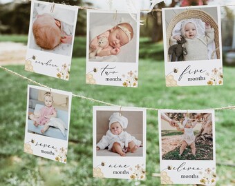 May include: A string of polaroid-style photo cards with baby pictures, clipped to a twine line. Each card features a baby photo and the month, with bee and floral accents. The cards are displayed outdoors with natural greenery in the background.