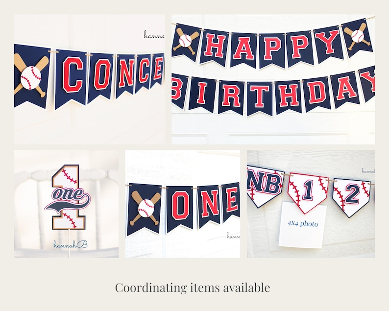 May include: Baseball-themed birthday party decorations, including a banner that says "Happy Birthday", a banner that says "One", and a number one cake topper. The banners are navy blue and red with white stitching and baseball graphics.