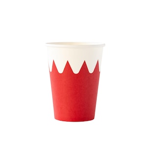 May include: A red paper cup with a white scalloped edge. The cup is perfect for parties and events.