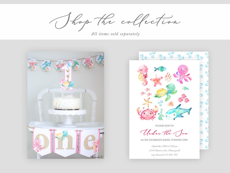 Pu&ograve; includere: Decorazioni per una festa di primo compleanno a tema Sotto il Mare. Il set include uno striscione con la parola "uno" in lettere rosa e dorate, un topper per torta con il numero uno e creature marine, e un invito con un'illustrazione ad acquerello di creature marine. Il testo dell'invito recita "Unisciti a noi Sotto il Mare per celebrare il primo compleanno di Hazel!"