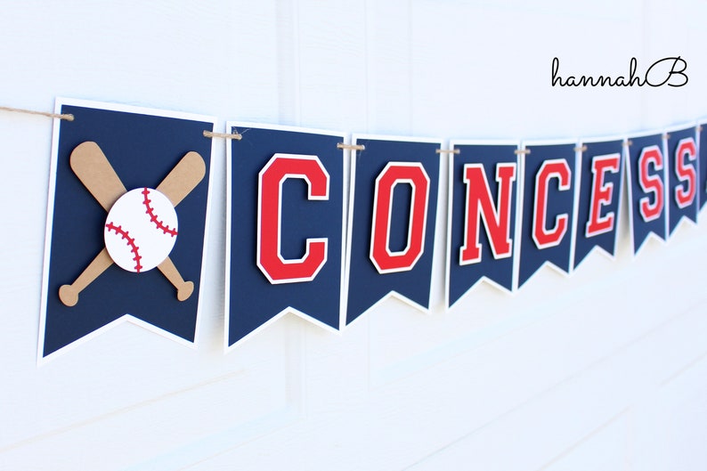 May include: A blue and red banner with the word "CONCESSIONS" in red letters. The banner has a baseball and crossed bats on the left side.