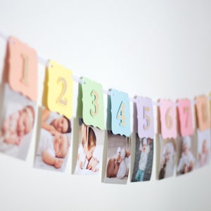 Banner de fotos de primer cumpleaños arcoíris, banner de hitos arcoíris, banner mensual arcoíris, banner de primer cumpleaños arcoíris