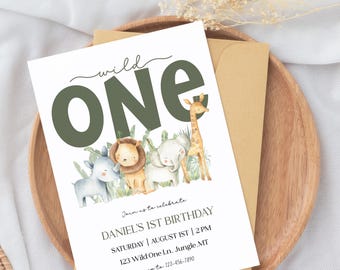Invitación de cumpleaños de la jungla editable, invitación de cumpleaños de Wild One de descarga instantánea, invitación de cumpleaños de safari imprimible