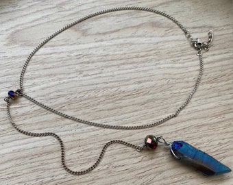 Rainbow Aura Quartz Crystal Lariat Choker Y Necklace / Crystal jewellery / Silver Jewelry / Dainty Necklace / Beaded Necklace /Natural Stone
