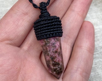 Rhodonite Crystal Point Macrame Necklace - Black - Boho  - Pink Gemstone - Men's Necklace - Unisex - Natural Stone Jewellery - Tower - Gypsy