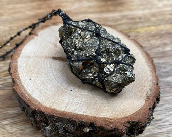 Raw Pyrite Crystal Pendant Macrame Beaded Necklace - Natural Stone Jewellery - Silver - Unisex - Mens - Gift - Boho - Gypsy - Hippie - Black