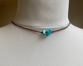 Small Blue Turquoise Crystal Macrame Choker / Necklace / Bracelet - Boho Choker - Brown - Delicate - Dainty - Stacking - Layering