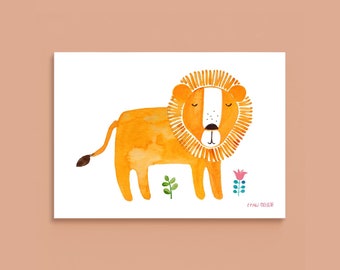 Art Print / small poster *lion with flowers* illustration animal lion kids room nursery decor children boys girls water colour ecofriendly