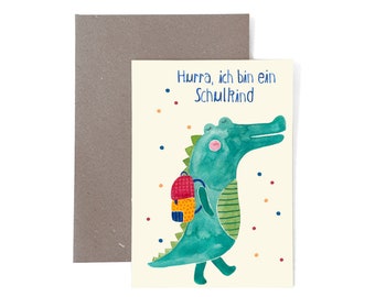 Carte de voeux pour la rentrée scolaire avec un crocodile ; Cartable rentrée scolaire cadeau enfant garçon fille carte carte postale enveloppe