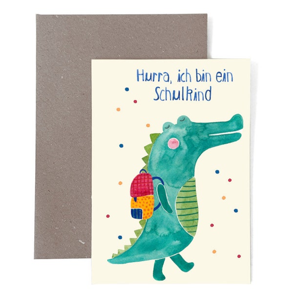 Grußkarte zur Einschulung mit Krokodil; Schultüte erster Schultag Schulkind Geschenk Junge Mädchen Karte Postkarte Umschlag