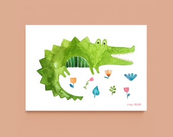 Art Print / small poster *crocodile* illustration animal kids room nursery decor children boys girls water colour ecofriendly