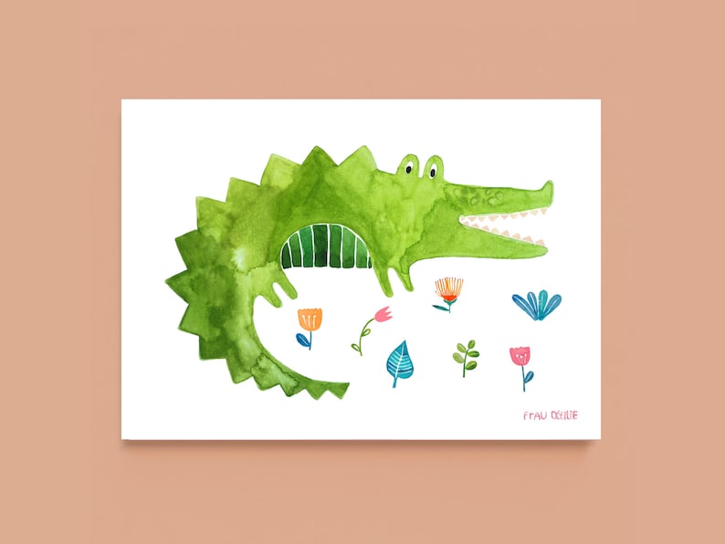 Art Print / small poster crocodile illustration animal kids room nursery decor children boys girls water colour ecofriendly image 1