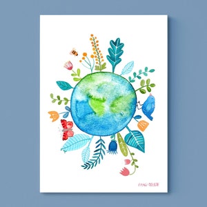 Print  / Druck /  kleines Poster *grüner Planet* Kinderzimmer Kinder Poster Junge Mädchen Deko Illustration Aquarell