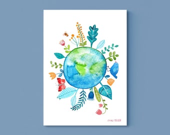 Print  / Druck /  kleines Poster *grüner Planet* Kinderzimmer Kinder Poster Junge Mädchen Deko Illustration Aquarell