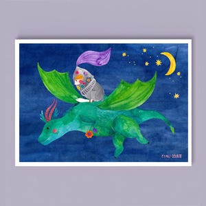 Print  / Druck /  kleines Poster *Drache mit Ritter* Kinderzimmer Kinder Poster Tierposter Junge Mädchen Deko Tiere Illustration Aquarell