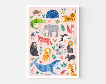 Kids room poster *animals*; children boy girls illustration print wall decor recycling lion elephant nursery aquarelle