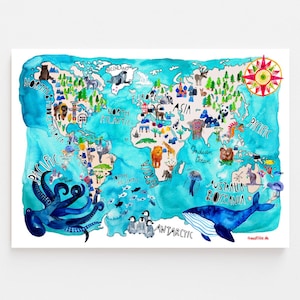 Weltkarte fürs Kinderzimmer (englische Version); für Jungen und Mädchen; Poster Print Aquarell Tiere Tierposter Tierprint Kinderzimmerdeko
