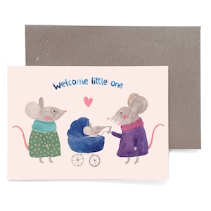 Karte mit Umschlag *Welcome little one* mit Mäuseeltern Geburt Karte Junge Mädchen Geburtstag Glückwunschkarte